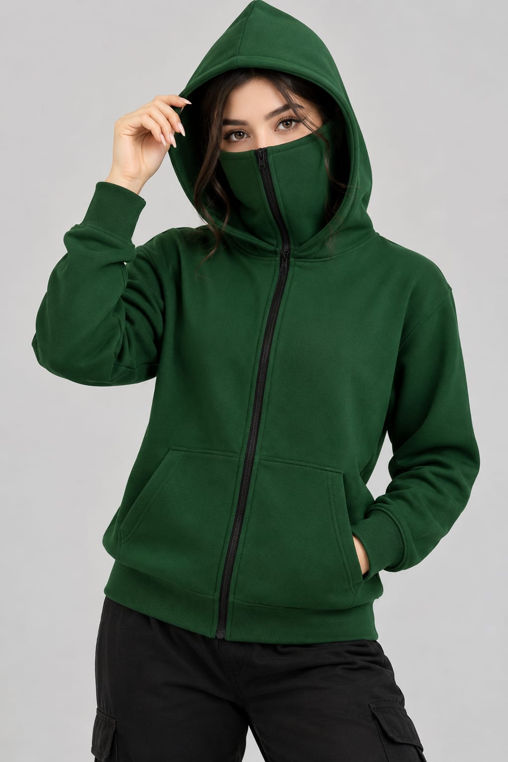 Green Balaclava Ninja Zipper Hoodie Jacket women