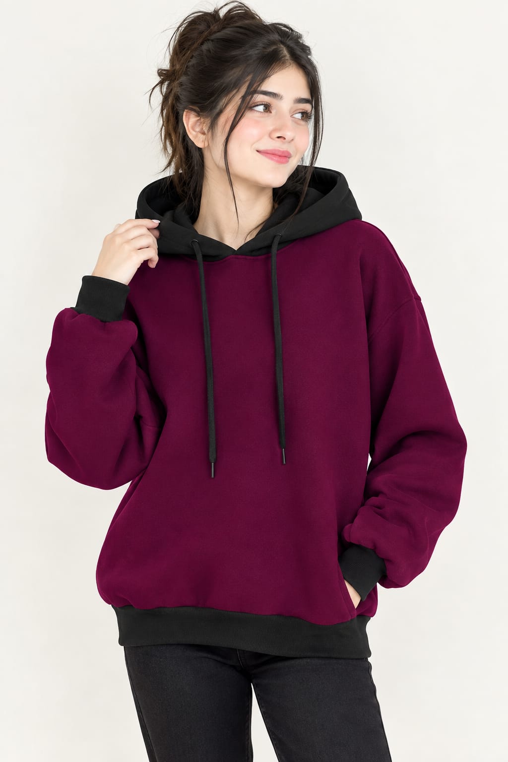 Maroon With Black Basic Kangaroo Hoodie women