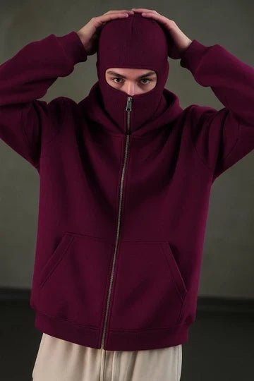Maroon Balaclava Ninja Zipper Hoodie Jacket for man