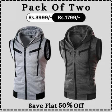 Grey With Charcoal Sleeveless Hooded Zipper Pack Of Tw for man &b woman