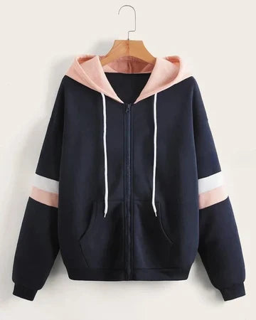 Navy Blue with Pink and White Stripes Zipper Hoodie For  Man & Women