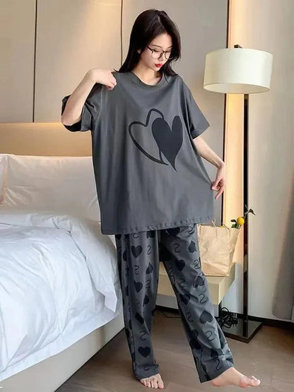 Grey Double Heart Half Sleeve Printed Night Suit