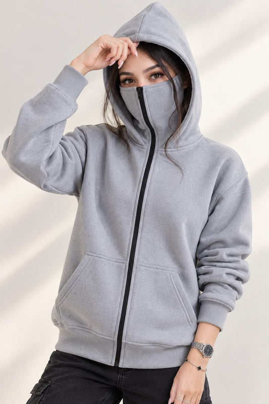 Grey Balaclava Ninja Zipper Hoodie Jacket women