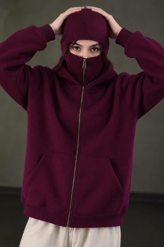 Maroon Balaclava Ninja Zipper Hoodie Jacket women