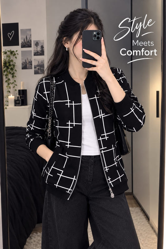 Black Printed Zipper Jacket For Women