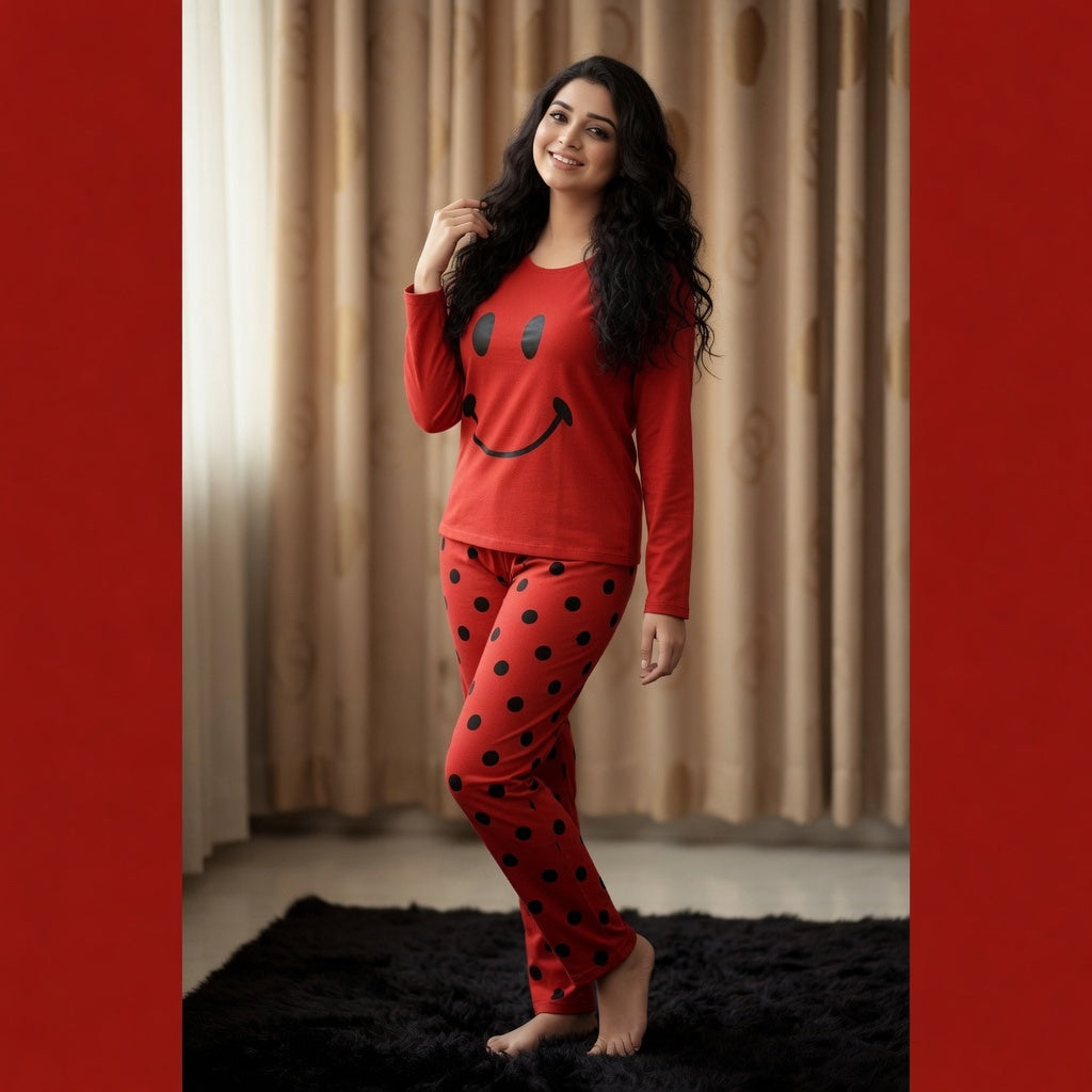 Red Smiley Printed Night Suit
