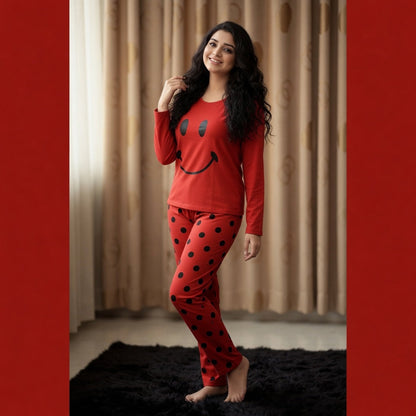 Red Smiley Printed Night Suit