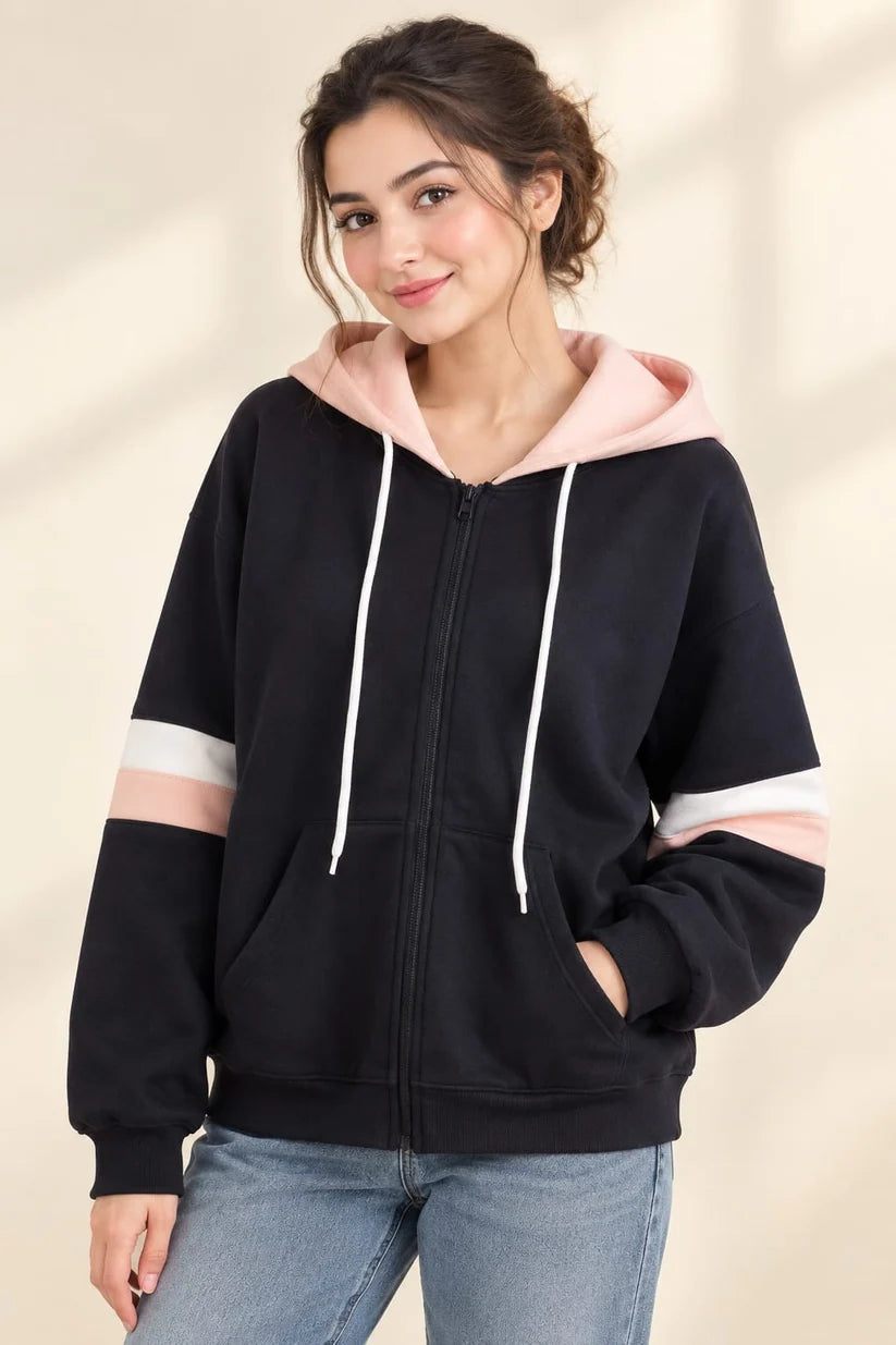 Navy Blue with Pink and White Stripes Zipper Hoodie For  Man & Women