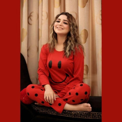 Red Smiley Printed Night Suit