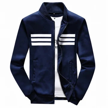 Navy Blue Three Stripes Printed Zipper Jacket for men