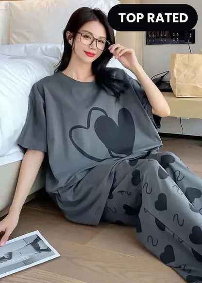 Grey Double Heart Half Sleeve Printed Night Suit