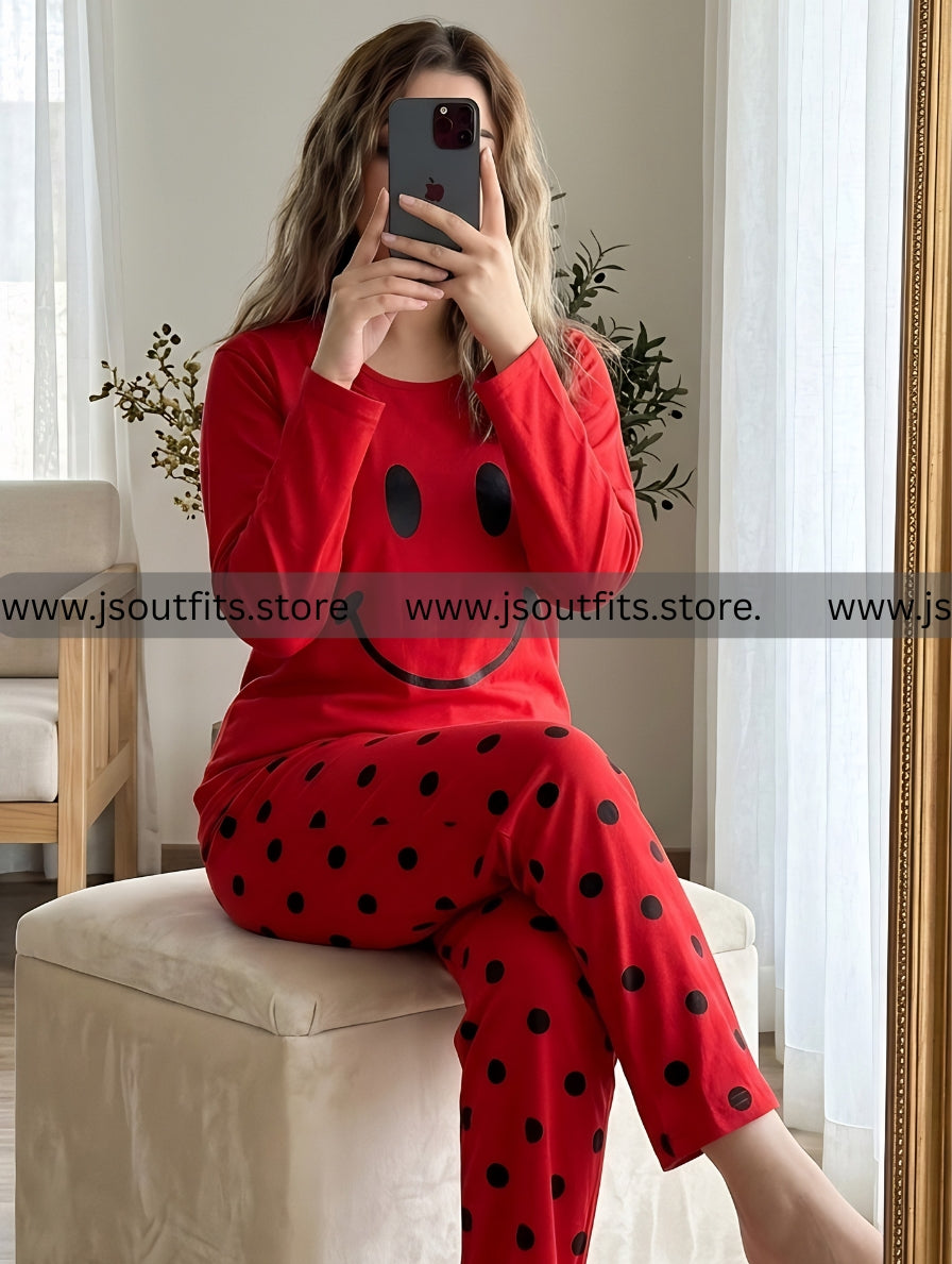 Red Smiley Printed Night Suit