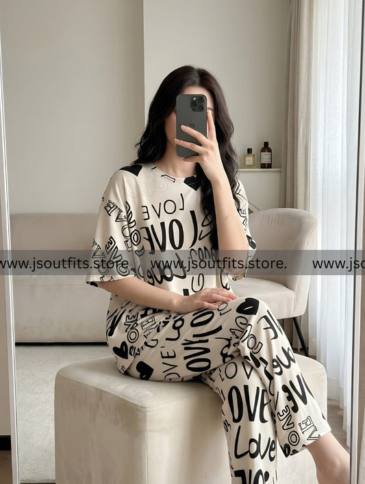 Biege Love Printed  Night Suit