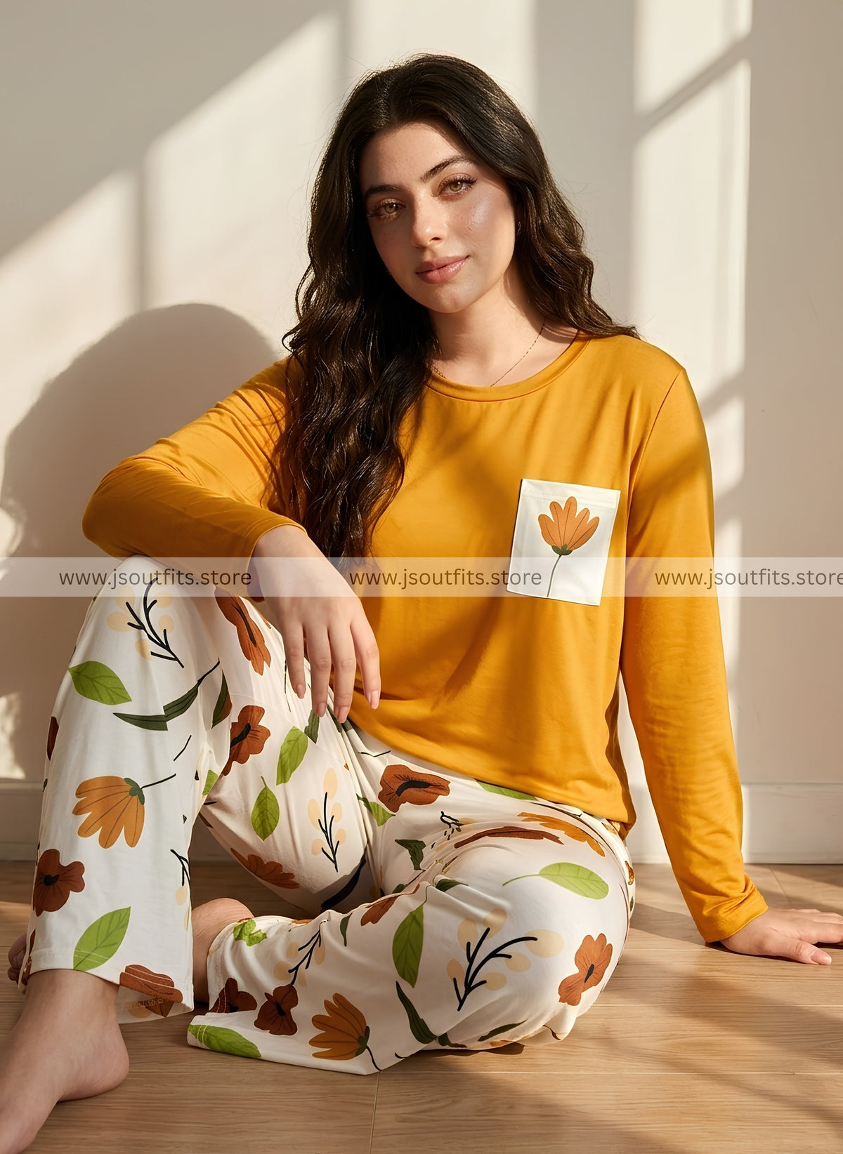 Golden Flower Pocket Printed Night Suits